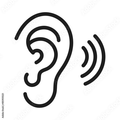 Black and White Hearing ear icon Listening Concept Sound Waves Communication Vector Illustration