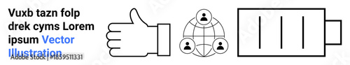 Business communication, teamwork, digital networks, energy efficiency, approval ratings, technology. Thumbs up, connected users and battery icons. Business communication and teamwork concept