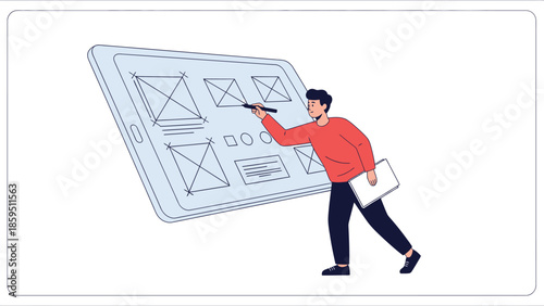 Digital Designer Sketching UI/UX on Giant Tablet Interface Illustration