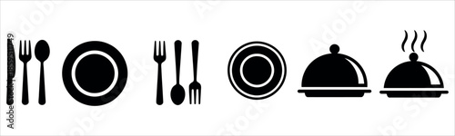 Modern restaurant tableware and serving dishes icons.
