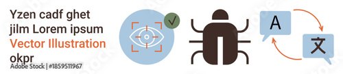 Cybersecurity, bug detection, language processing, software validation, AI tools, multilingual systems. Eye icon, bug and translation symbol . Cybersecurity and bug detection visualization