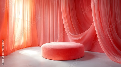 A plush pink round ottoman sits in a sunlit corner framed by flowing peach and coral curtains