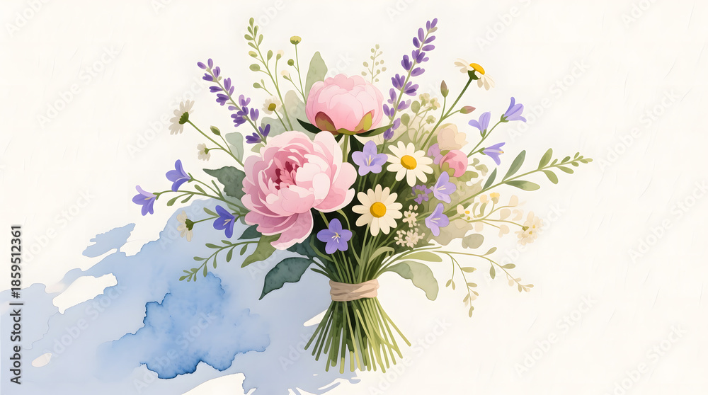 Fototapeta premium Charming rustic wildflower bridal bouquet hand-painted with loose watercolor strokes and soft pastel tones.