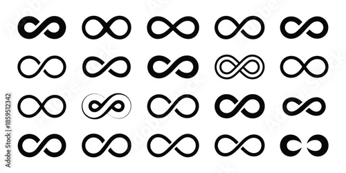 Infinity icon set, infinity eternity infinite endless loop symbols, unlimited infinity collection icons, flat style, illustrating endless concepts, eternal loops, limitless vector graphics 