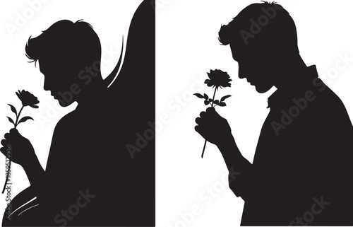 Silhouette of man smelling a flower in a peaceful moment