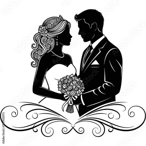 Elegant silhouette illustration of a bride and groom in formal attire, sharing a loving gaze on their wedding day