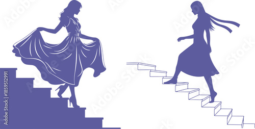 Elegant woman in flowing dress walking up stairs with poise