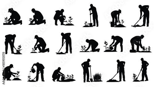 Silhouette gardeners planting watering digging soil, agriculture work activity poses, people caring plants outdoors, farming growth concept, isolated vector illustration