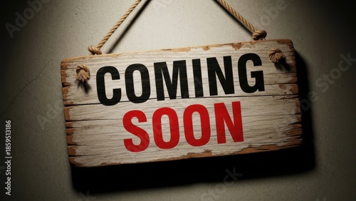 Coming soon sign with a rustic wooden texture and prominent red 'soon' text for announcements