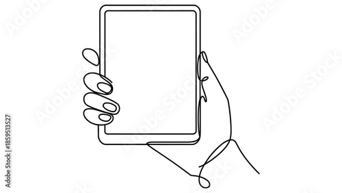 Minimal continuous one line smartphone illustration showing human hand holding mobile device for technology communication and app interface concept