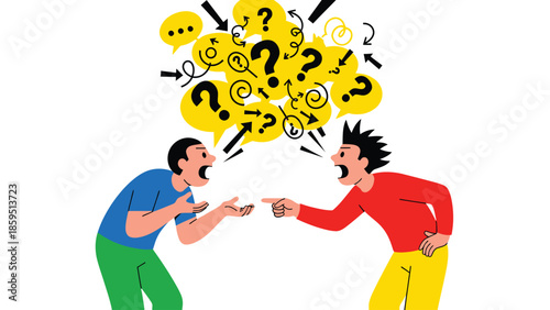 Illustrated Debate: Two People Arguing with Question Marks