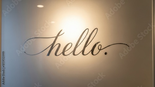 Warmly illuminated hello in elegant cursive font on frosted glass welcoming visitors