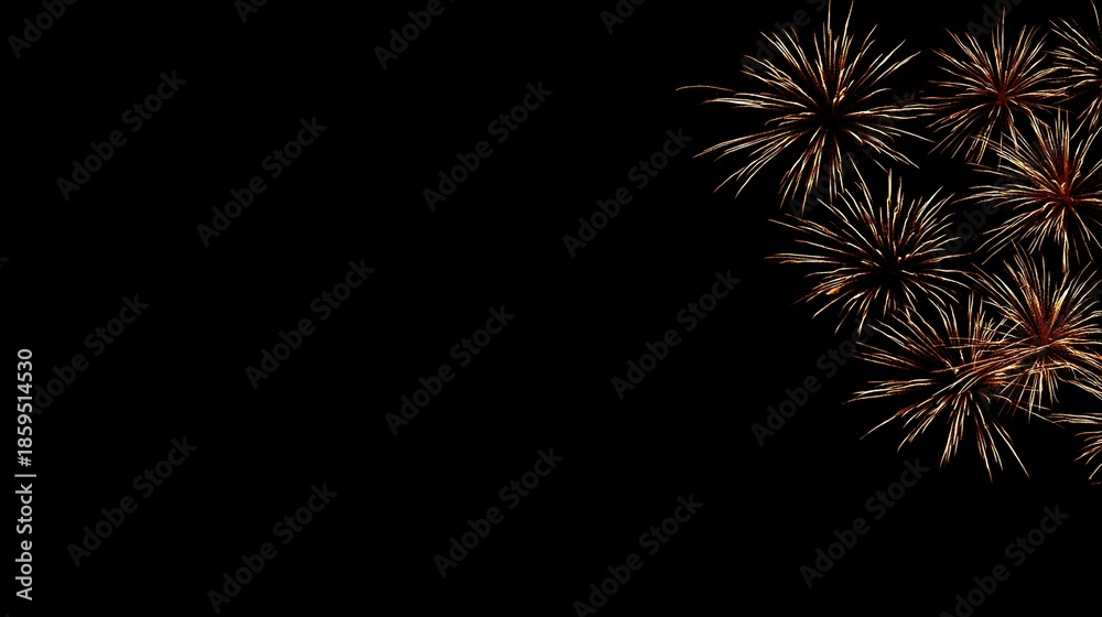 Fototapeta premium Golden fireworks of various shapes light up the night on the right, used for New Year's Eve celebrations and festive activities, serving as an advertising banner and social media promotional design.