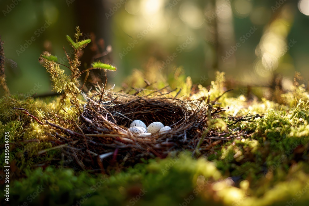 Obraz premium Serene nature moment featuring white eggs in a cozy nest with warm tones