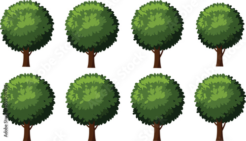 Cartoon vector illustration of eight green trees with round foliage, nature forest design, eco friendly landscape, environmental background art