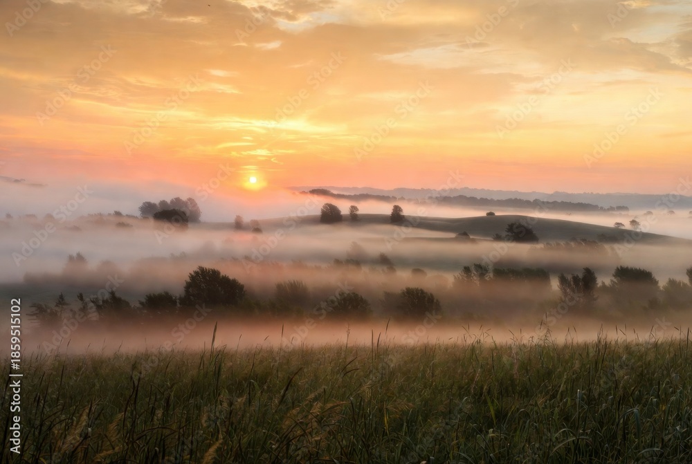 Obraz premium The sun rises over picturesque hills shrouded in thick morning fog. The bright golden sky and silhouetted trees in the haze create an atmosphere of calm and serenity at dawn in the countryside.