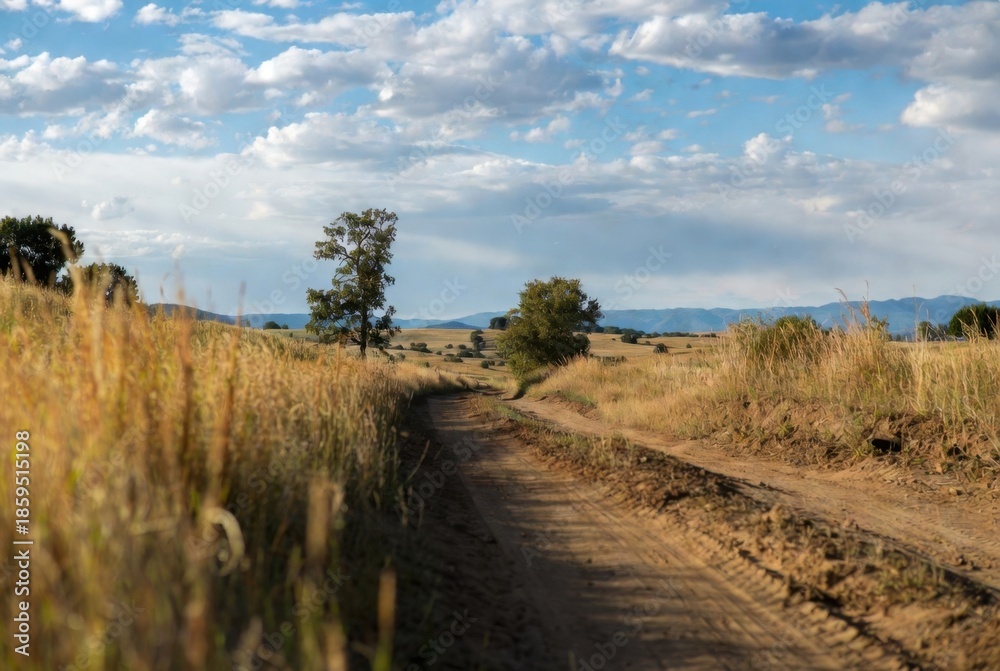 Fototapeta premium A winding dirt road winds through golden fields to the horizon. A picturesque rural landscape with solitary trees under a dramatic cloudy sky on a bright summer day. A symbol of the journey.