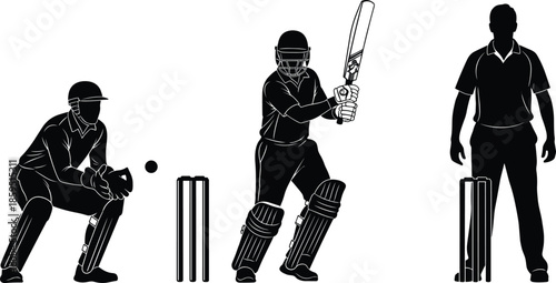 Cricket players silhouette vector, batsman wicketkeeper umpire illustration, sports action concept, protective gear clipart, competitive match artwork, field game design