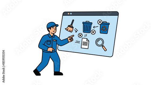 Digital Cleanup Illustration with Cartoon Worker and Computer Icons