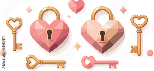Geometric Heart Locks. Geometric heart locks combined with subtle key elements in a balanced layout, modern flat vector
