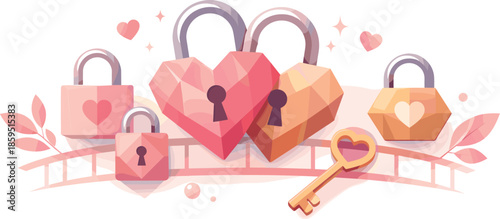 Geometric Love Locks. Geometric love locks combined into a refined romantic arrangement, modern flat vector illustration