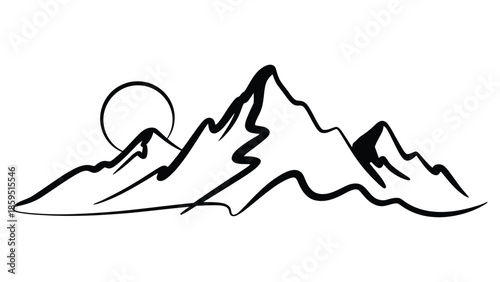 Minimal continuous one line mountain landscape illustration with peaks and sun for nature travel outdoor adventure and wilderness concept