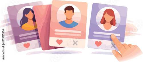 Match Swipe Alignment. Abstract profile cards drifting into alignment through a swipe motion, modern flat vector illustration