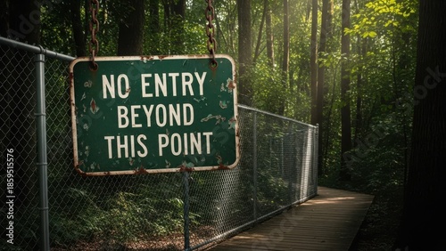 A weathered no entry sign marks the beginning of a restricted forest path