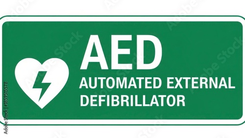 Green sign indicating the location of an automated external defibrillator (aed) for emergency use