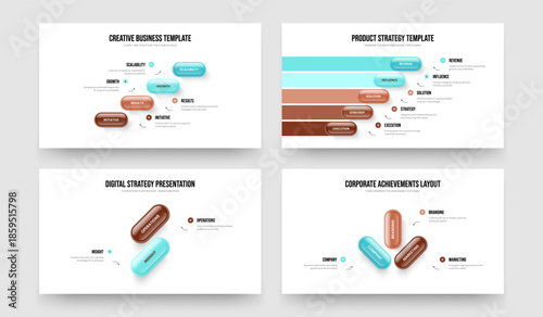 Professional Strategy 4 5 2 3 Element Diagram Presentation Layout Set. Enterprise Briefing Four Five Two Three Option Infographic Slideshow Template Vector Illustration Bundle.
