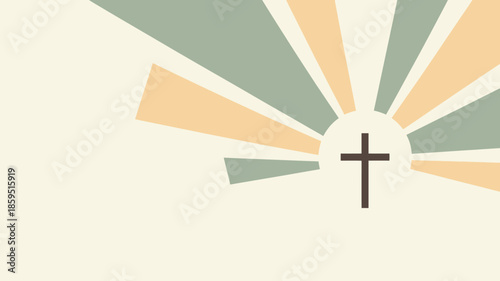 Radiant illustration of a central cross emitting a stylized sunburst with colorful rays on light background
