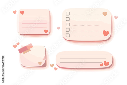 Cute Heart Memo Cards. Rounded memo cards paired with tiny heart accents and playful spacing, modern flat vector illustration