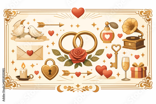 Vintage Romance Illustration. Retro love motifs combined with elegant framing and calm symmetry, modern flat vector illustration