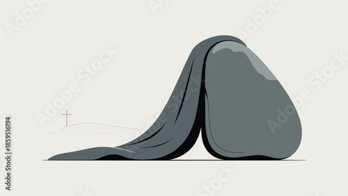 This serene illustration shows a heavy stone rolled away from an empty tomb, symbolizing resurrection and hope