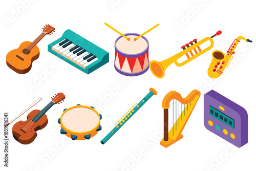 Music instruments 3d icon set, colorful collection for education and entertainment, illustrating piano, guitar, drums, violin, trumpet and other instruments in vibrant modern vector graphics 