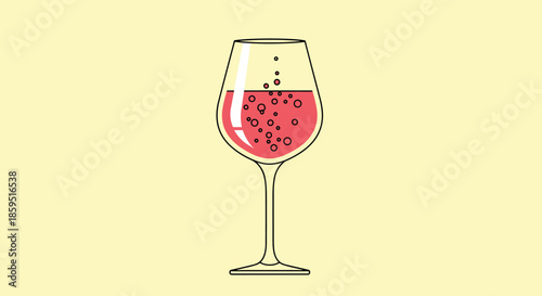 Tall wine glass filled with a bubbly pink sparkling wine or rose, set against a simple light yellow background to emphasize the drink.