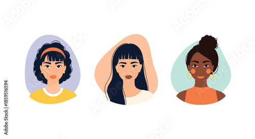 Diverse group of female portraits showcasing different hairstyles and ethnicities in a modern minimalist flat design style.
