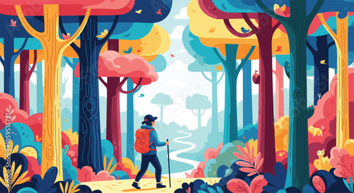 Adventurous hiker with a backpack walking through a vibrant stylized forest with colorful trees and birds under a bright sky.