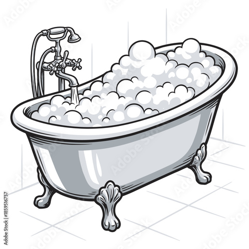 Vintage clawfoot bathtub filled with luxurious bubbles, a relaxing soak awaits