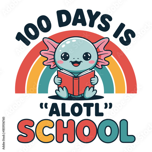 A flat vector illustration of an adorable baby axolotl character sitting upright and reading an open red book, 