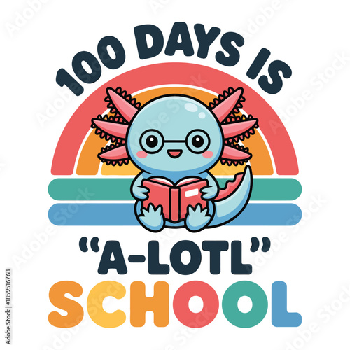 A flat vector illustration of an adorable baby axolotl character sitting upright and reading an open red book, 