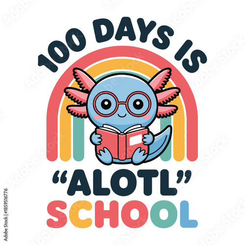 A flat vector illustration of an adorable baby axolotl character sitting upright and reading an open red book, 