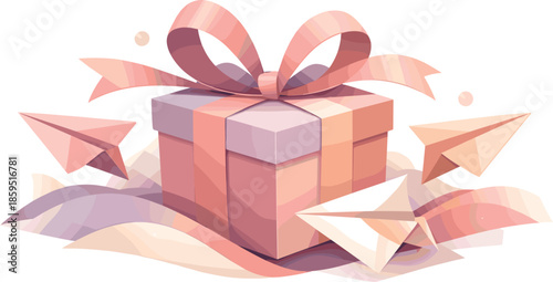 Abstract Gift Box. Abstract gift box composition highlighting ribbon loops and folded paper planes, modern flat vector