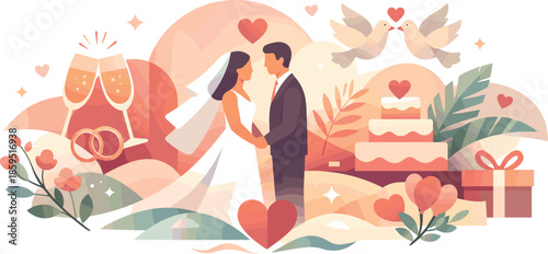 Wedding Celebration Art. Abstract celebration scene expressing love and unity through elegant shapes, modern flat vector