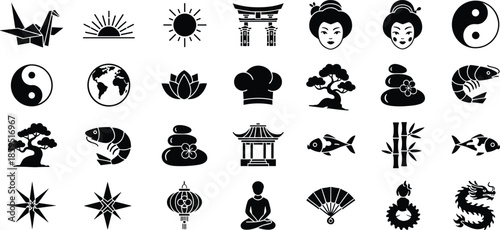 East Asian cultural vector icons collection with crane, lotus, bonsai, yin yang, dragon, lantern, bamboo, pavilion, meditation, harmony