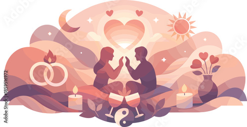Abstract Love Ceremony. Abstract love ritual illustrated with flowing shapes, unity symbols, and soft emotional balance, modern