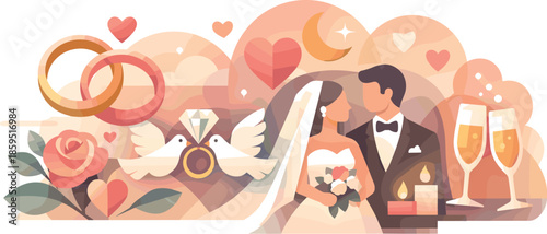 Abstract Bridal Love. Abstract bridal composition using symbolic forms to express love and commitment, modern flat vector