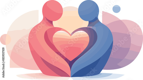 Geometric Love Connection. Abstract composition expressing genuine love through connected forms and shared center, modern flat