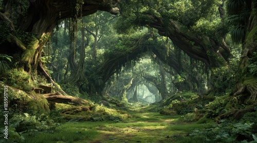 Wallpaper Mural Enchanting forest trail with towering trees and lush greenery creating a serene natural pathway Torontodigital.ca