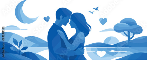 Monochrome Love Abstract. Abstract romantic scene built from one-color shapes emphasizing form, balance, and emotion, modern flat